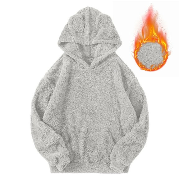HomeDM Womens Sweatshirts Fuzzy Fleece Hoodie Pullover Tops Solid Color Sweatshirts Loose Cozy Pocket Long Sleeve Fall Winter Hooded Outwear - Gray/2XL