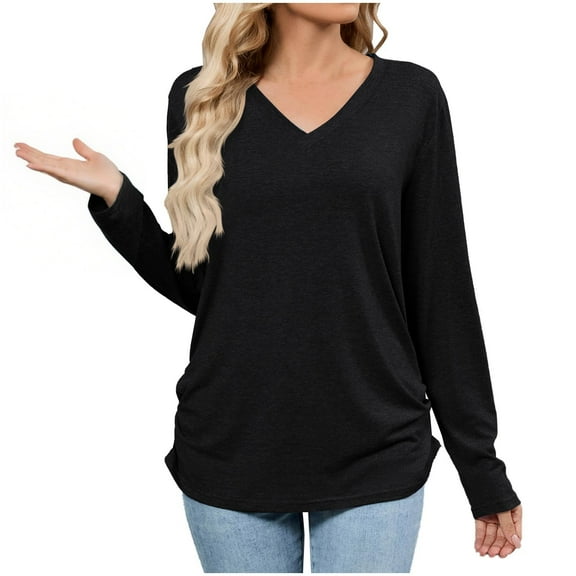 HomeDM Womens T-Shirts Long Sleeve V Neck Casual Shirts Solid Color Workout Tunic Tops Dressy Work Pullover - Black/S
