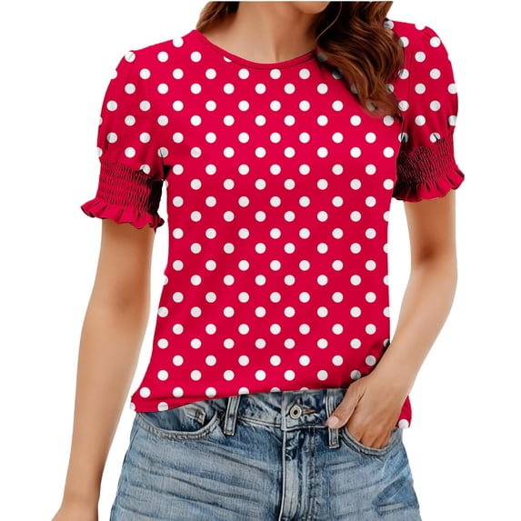 HomeDM Womens T-Shirts Short Sleeve with Smocked Cuff Crew Neck Polka Dot Loose Fit Pullover Tops - Red/L