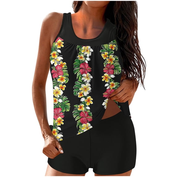 HomeDM Womens Tankini Swimsuits 2 Pieces Tummy Control Tankini Top with Shorts Floral Print Bathing Suits Size 2XL