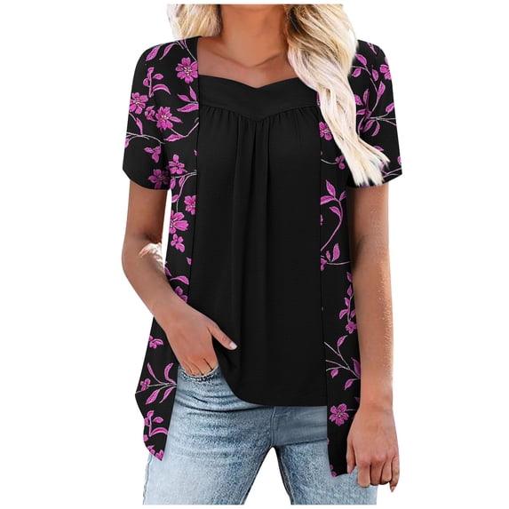 HomeDM Womens Tops Dressy Short Sleeve T-Shirts Trendy Floral Pleated Crew Neck Loose Tunic Tops Casual Summer Color Block Tshirts, S-2XL
