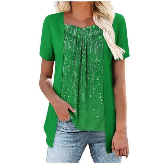 HomeDM Womens Tops Pleated Crew Neck Short Sleeve Tshirts Summer Casual Shirts Color Block Tunic Tops