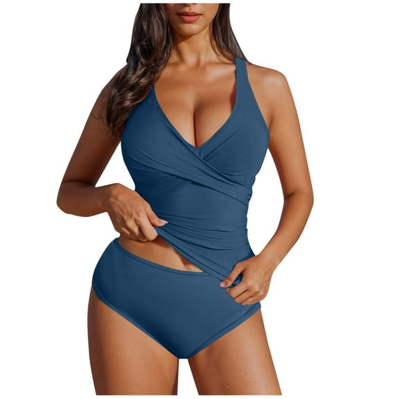 HomeDM Womens Two Piece Tankini Swimsuits Tummy Control Bathing Suit Tankini Top with Bikini Bottoms Navy Size M