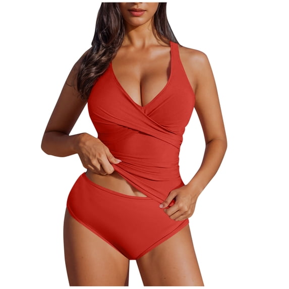HomeDM Womens Two Piece Tankini Swimsuits Tummy Control Bathing Suit Tankini Top with Bikini Bottoms Red Size S