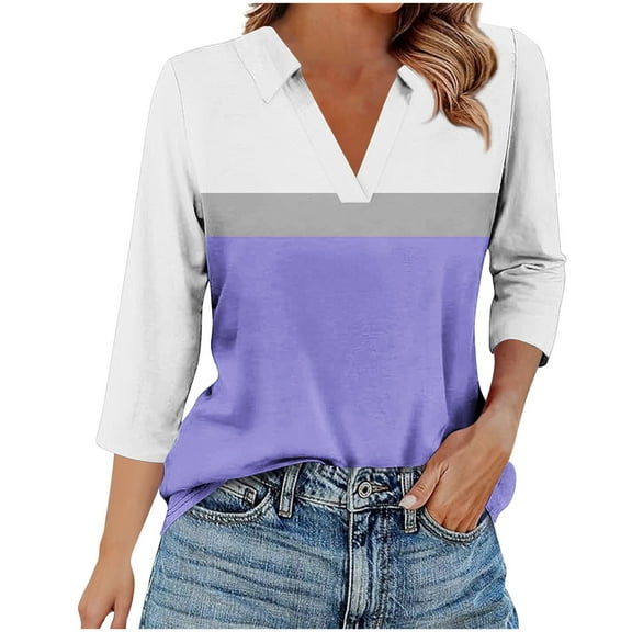 HomeDM Womens V Neck 3/4 Sleeve Tops Casual Summer Fall Shirts Loose Fit Stripe Color Block Beach Vacation Tee Shirts S-2XL