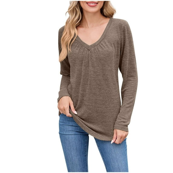 HomeDM Womens V Neck Long Sleeve Shirts Solid Color Fall T-Shirts Dressy Casual Base Layer Tops - Coffee/XL