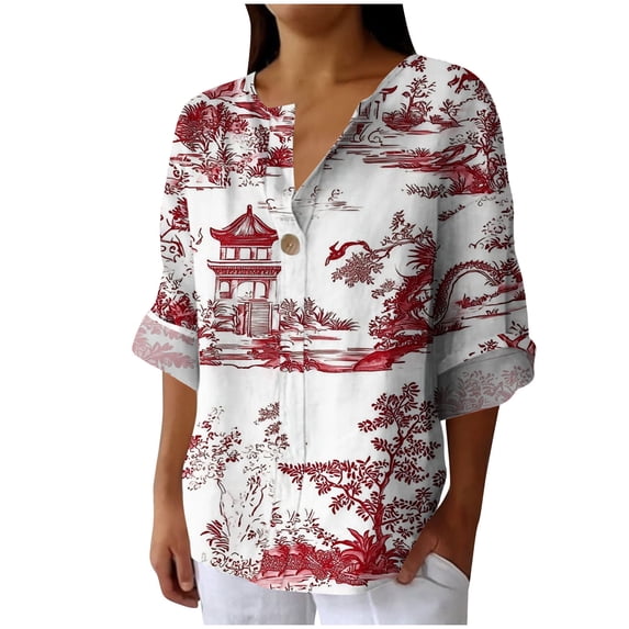 HomeDM Womens V Neck Long Sleeve Tops Casual Button Down Summer Fall T-Shirts Loose Fit Beach Vacation Tee Shirts S-3XL