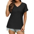 thumbnail image 1 of HomeDM Womens V-Neck Short Sleeve T-Shirts Solid Color Loose Fit Summer Pullover Tops - Black/M, 1 of 5