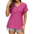 thumbnail image 1 of HomeDM Womens V-Neck Short Sleeve T-Shirts Solid Color Loose Fit Summer Pullover Tops - Hot Pink/L, 1 of 5