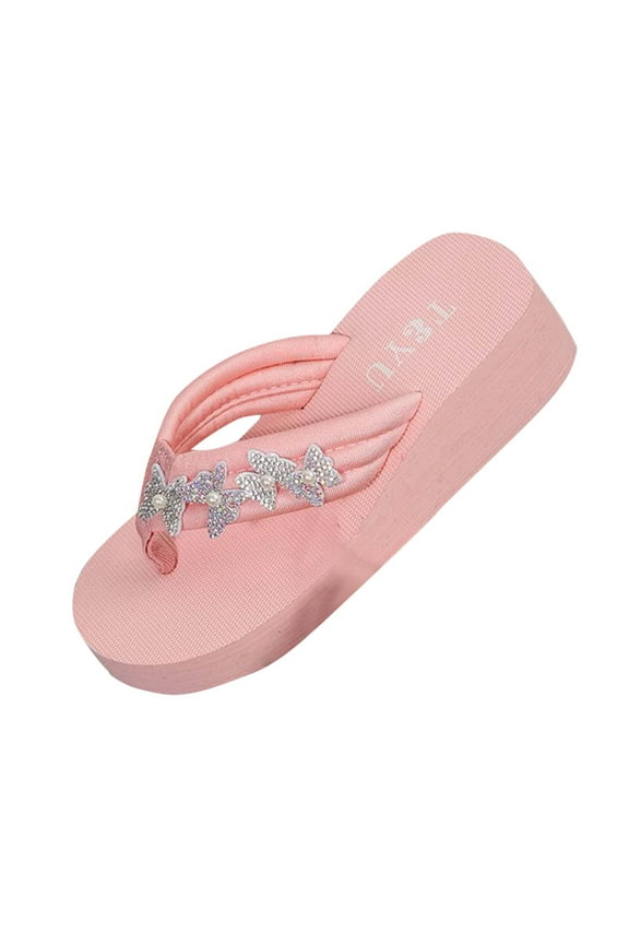 Womens Wedge Flip Flop Sandals Rhinestone Slip On Platform High Heels Thong Summer Dressy Beach Sandals, Pink Size 9