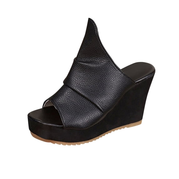 HomeDM Womens Wedge High Heels Sandals Platform Open Toe Slip On Summer Comfortable Wedges Mules, Black Size 7.5