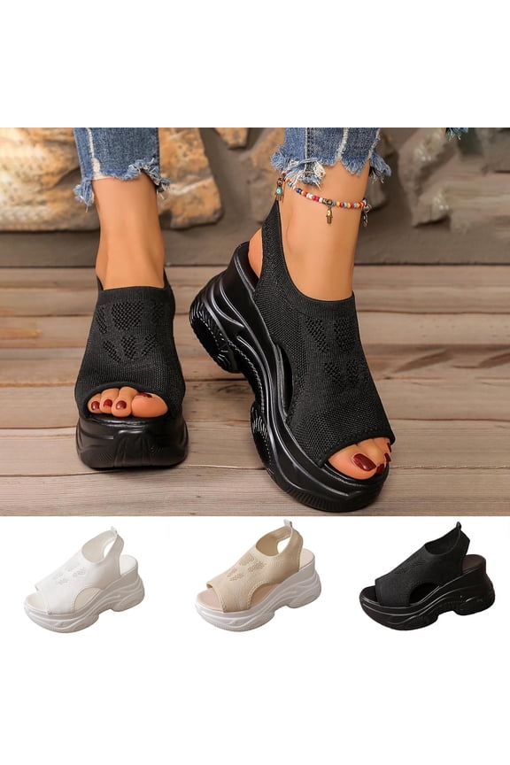 Womens Wedge Platform Sandals Open Toe Ankle Strap Casual Slip-On Summer Beach Sandals, Black Size 7.5