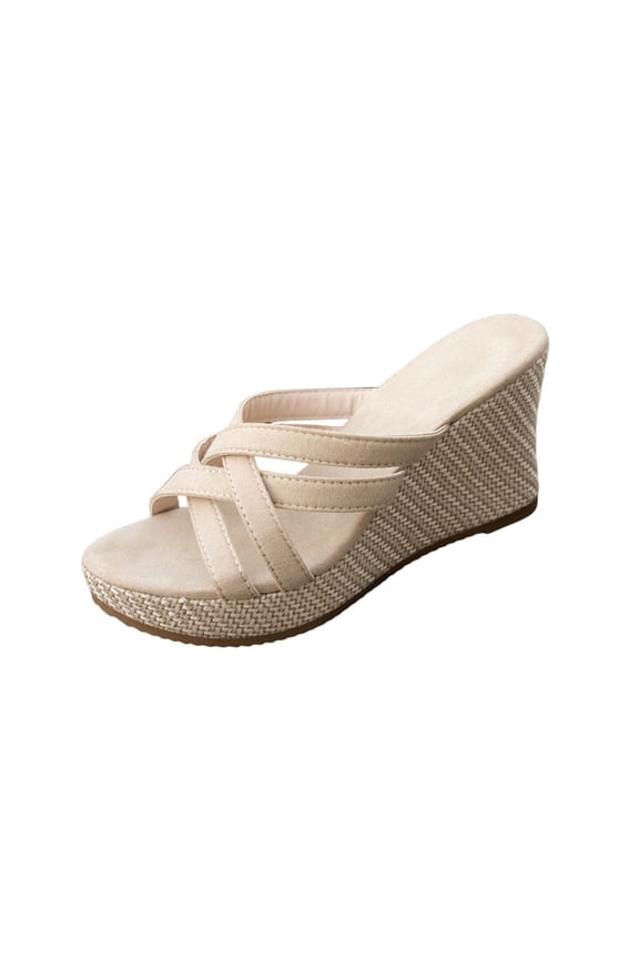 Womens Wedge Sandals Open Toe Slip On High Heels Slides Summer Beach Vacation Sandals, Beige Size 7