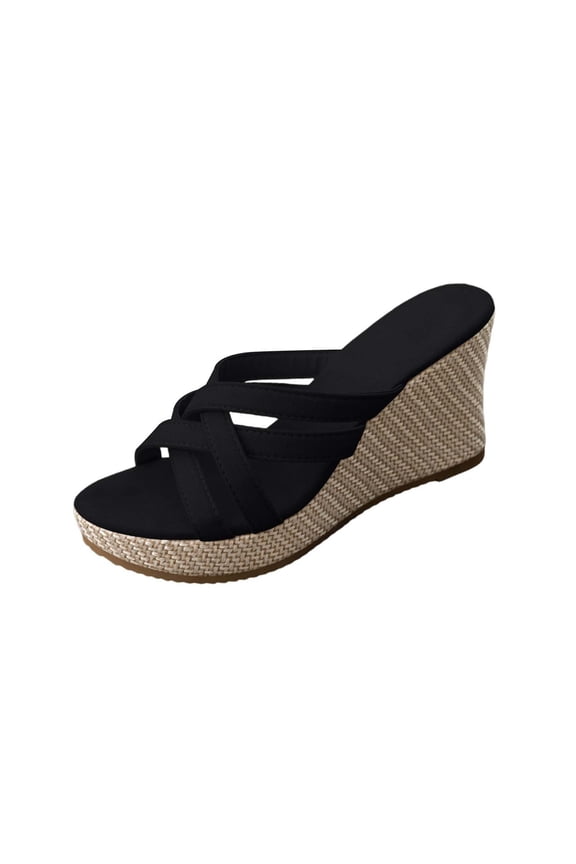 Womens Wedge Sandals Open Toe Slip On High Heels Slides Summer Beach Vacation Sandals, Black Size 9
