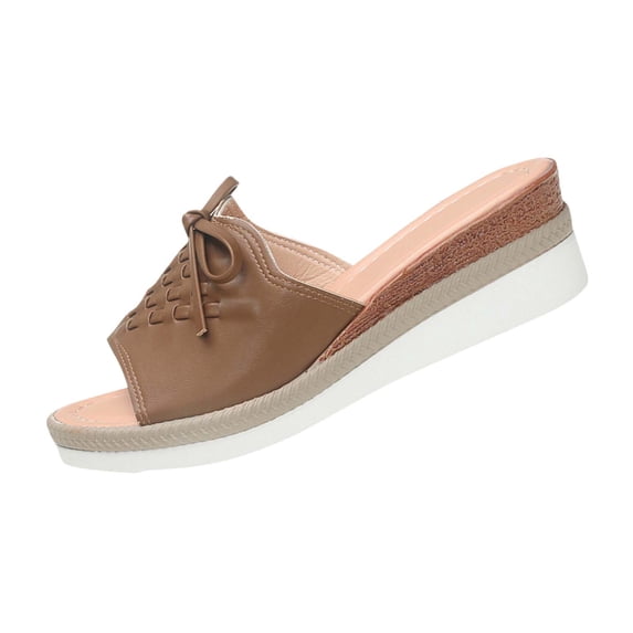 HomeDM Womens Wedge Sandals Platform Espadrilles Open Toe Slip On High Heels Slides Summer Beach Slippers, Khaki Size 8.5