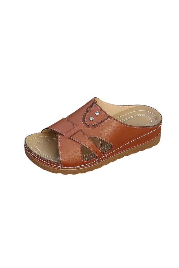 Womens Wedge Slip-On Sandals Comfortable Arch Support Slide Sandals Casual Summer Beach Walking Shoes, Brown Size 5.5