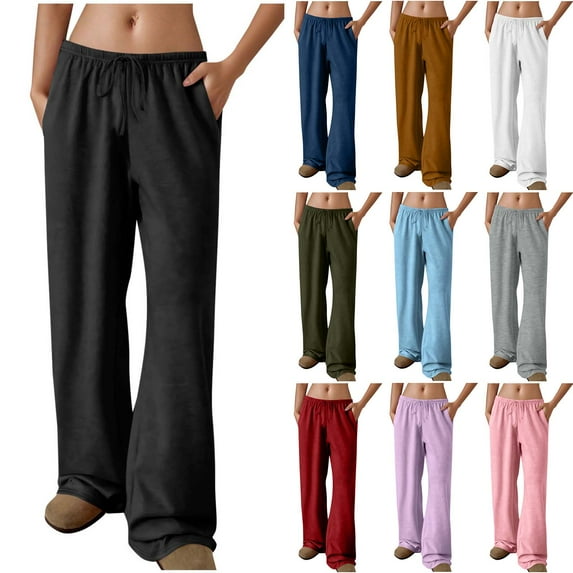 HomeDM Womens Wide Leg Sweatpants Solid Color Baggy Sweat Pants Drawstring Athletic Joggers Lounge Athletic Pants with Pockets - Black/L