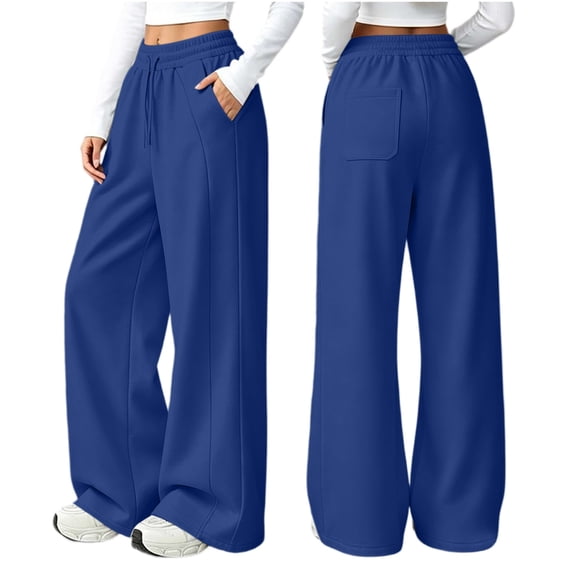 HomeDM Womens Wide Leg Sweatpants with Pockets Drawstring High Waisted Navy Lounge Workout Pants Size M
