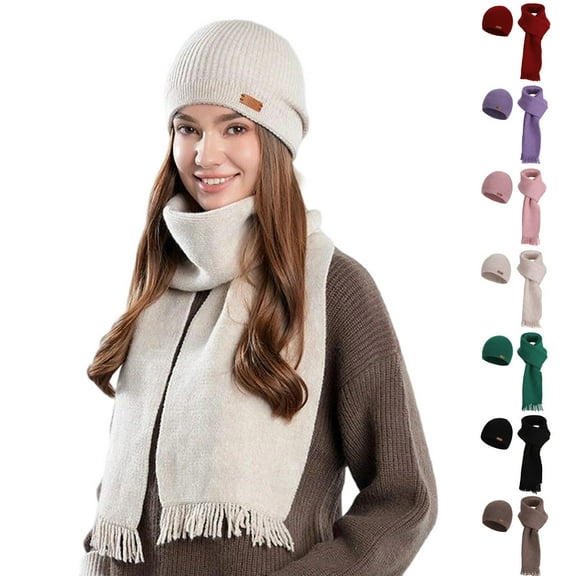 HomeDM Womens Winter Beanie Hat Scarf - 2Pcs Cold Weather Warm Fleece Knit Hat Long Scarf Neck Warmer Set Gifts for Women Beige