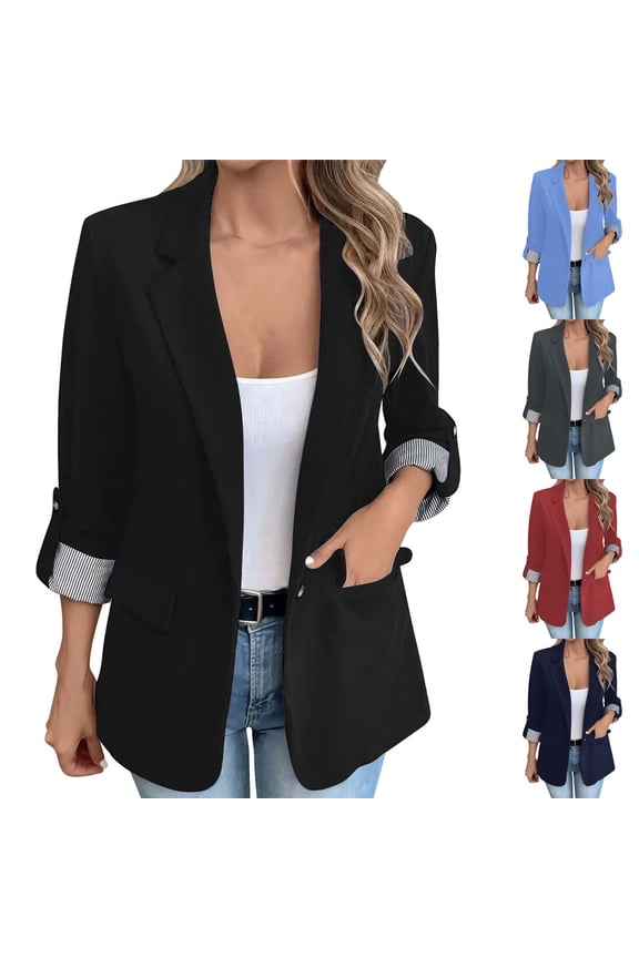 HomeDM Womens Work Office Blazers, Open Front One Button Long Sleeve Lapel Jackets Suit Blazer with Pockets, Black