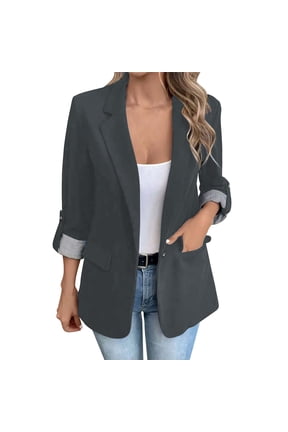 HomeDM Womens Work Office Blazers, Open Front One Button Long Sleeve Lapel Jackets Suit Blazer with Pockets, Dark Gray