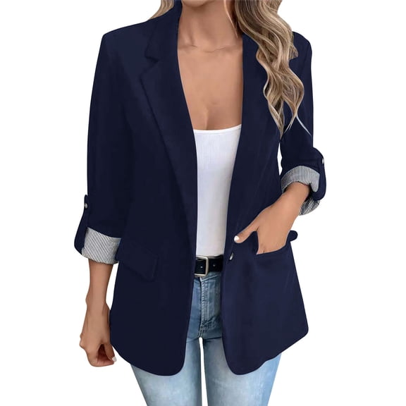 HomeDM Womens Work Office Blazers, Open Front One Button Long Sleeve Lapel Jackets Suit Blazer with Pockets, Navy