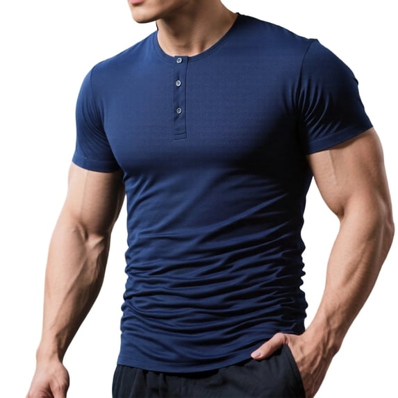 HomeDM Workout Short Sleeve Shirts for Men Henley Button Neck Slim Fit Athletic Fitness Running T-Shirt, Navy, Size S