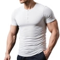 thumbnail image 1 of HomeDM Workout Short Sleeve Shirts for Men Henley Button Neck Slim Fit Athletic Fitness Running T-Shirt, White, Size L, 1 of 8