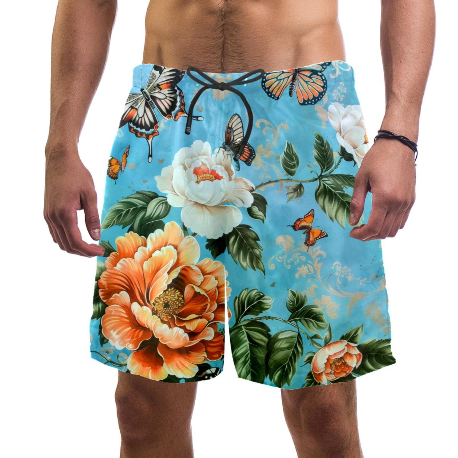 HomeDecorZone Butterflies Florals Men's Printed Beach Shorts S Elastic