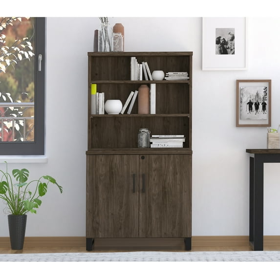 HomeFare Industrial Farmhouse Bookcase with Storage Cabinet Dark Brown Weathered Oak