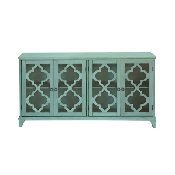 HomeFare Traditional Coastal Open Fretwork Four Door Cabinet Credenza Buffet Blue Green