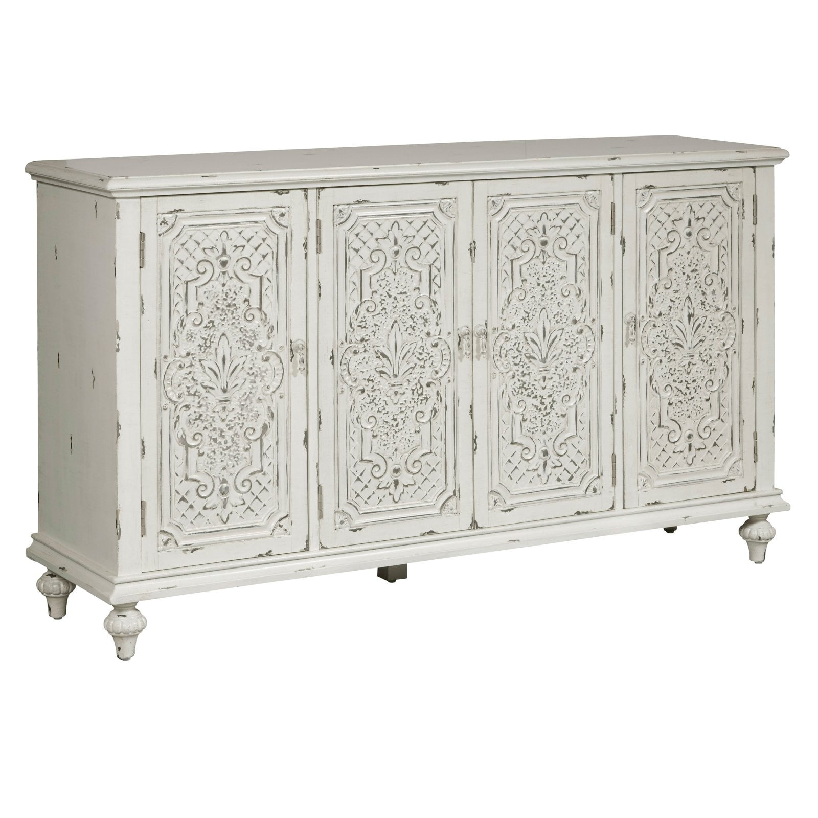 White Distressed Credenza with Elaborate Lattice Door Overlays