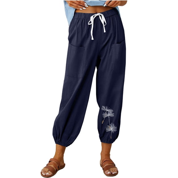 HomeGardon Pants for Women Pants Capri Pants High Waist Elastic Drawstring Cinch Bottom with Button Cotton Loose Fit Casual Trouser with Pockets,Baggy Cropped Pants Trousers S-XXL