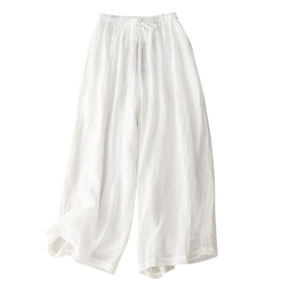 HomeGardon Pants for Women Wide Leg Pants Cropped Culottes Linen Blend Pants Elastic Waist Casual Loose Fit Palazzo Trousers with Pockets, Capris Cotton Linen Capri Pant M-XXL
