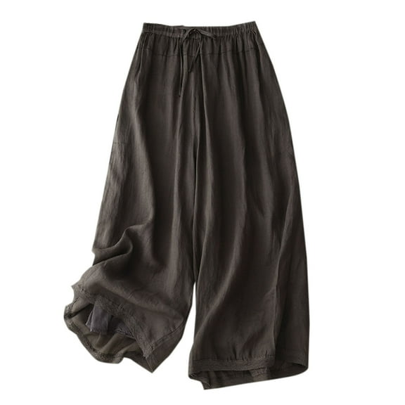 HomeGardon Pants for Women Wide Leg Pants Cropped Culottes Linen Blend Pants Elastic Waist Casual Loose Fit Palazzo Trousers with Pockets, Capris Cotton Linen Capri Pant M-XXL