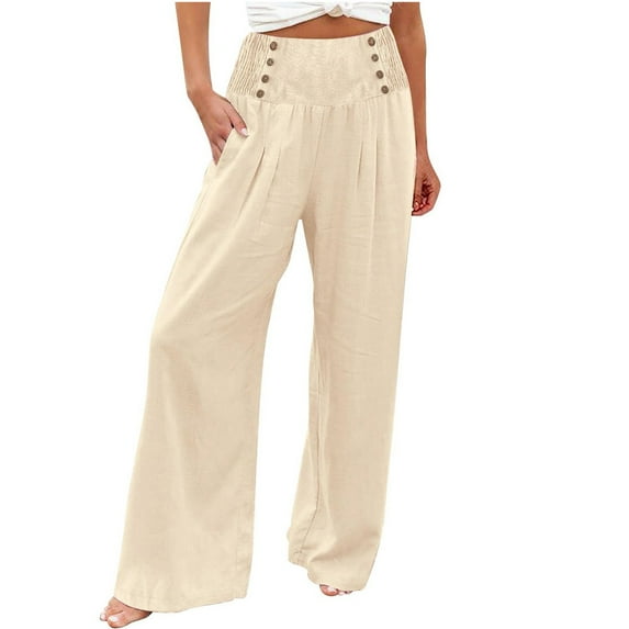HomeGardon Pants for Women Pants Elastic High Waisted Linen Palazzo Pants Casual Wide Leg Long Lounge Pant Trousers with Pockets Full Length Solid Beach Pants Vocation Daily Life
