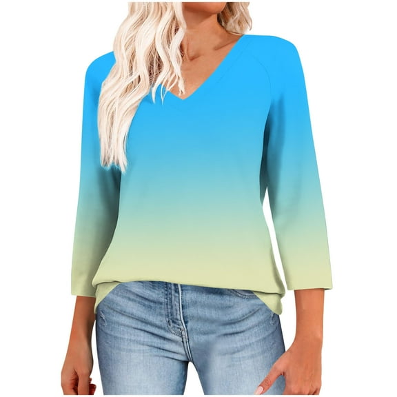 HomeGardon 3/4 Length Sleeve Womens Tops Summer Tops for Women Fashion Women Patchwork 3/4 Sleeve T-shirt Pullover V-Neck Shoulder Sleeve Blouse Tops,S-XXXL