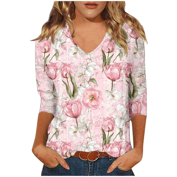 HomeGardon 3/4 Length Sleeve Womens Tops Summer Tops for Women Ladies' Fashionable Casual Printed V-neck Three Quarter Sleeve 3/4 Sleeve T-shirt,S-XXXL