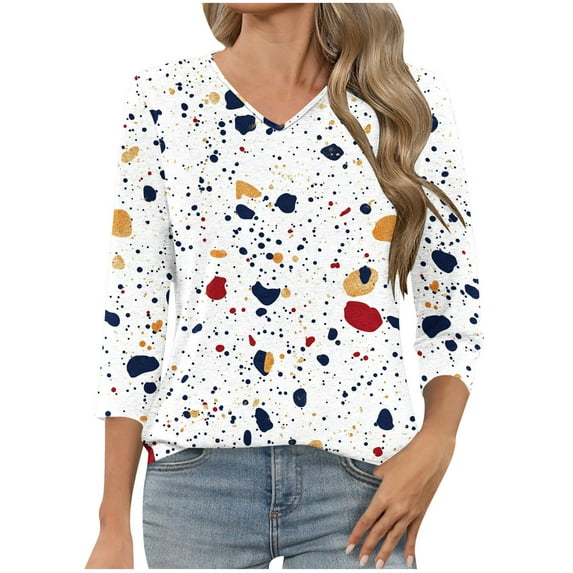 HomeGardon 3/4 Length Sleeve Womens Tops Summer Tops for Women 2025 Ladies' Fashionable Casual Printed V-neck Three Quarter Sleeve 3/4 Sleeve T-shirt,S-XXXL