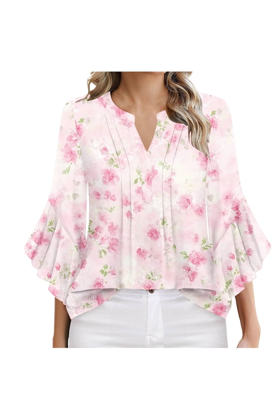 3/4 Length Sleeve Womens Tops Summer Tops for Women Ladies' Spring and Summer Casual Non Positioning Printed Quarter Sleeve V-neck Top/shirt,S-XXL