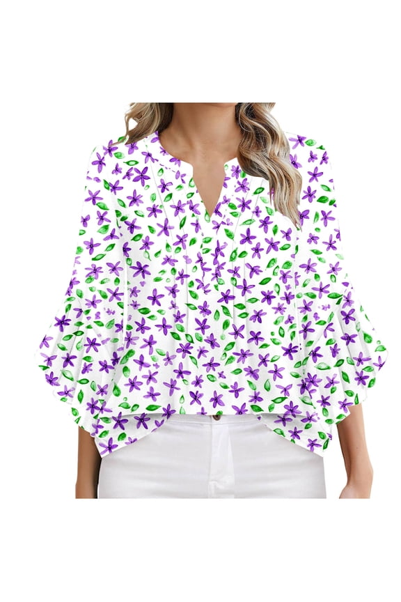 3/4 Length Sleeve Womens Tops Summer Tops for Women Ladies' Spring and Summer Casual Non Positioning Printed Quarter Sleeve V-neck Top/shirt,S-XXL