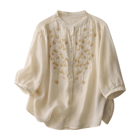 HomeGardon 3/4 Length Sleeve Womens Tops Summer Tops for Women Imitation and Linen Embroidered 3/4 Sleeved Button Up Stand-up Collar Top,M-XXL