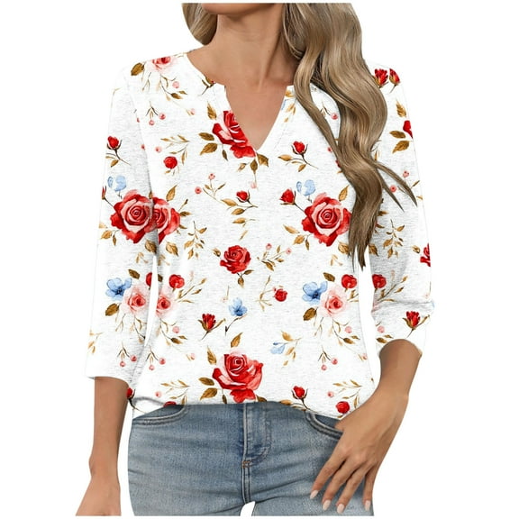 HomeGardon 3/4 Length Sleeve Womens Tops Summer Tops for Women Ladies' Fashion Printed V-neck Three Quarter Sleeve 3/4 Sleeve T-shirt,S-XXL