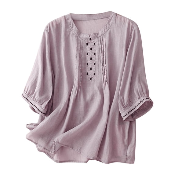 HomeGardon 3/4 Length Sleeve Womens Tops Summer Tops for Women Imitation Linen Embroidered Pleated 3/4 Sleeved Stand-up Collar Top,M-XXL