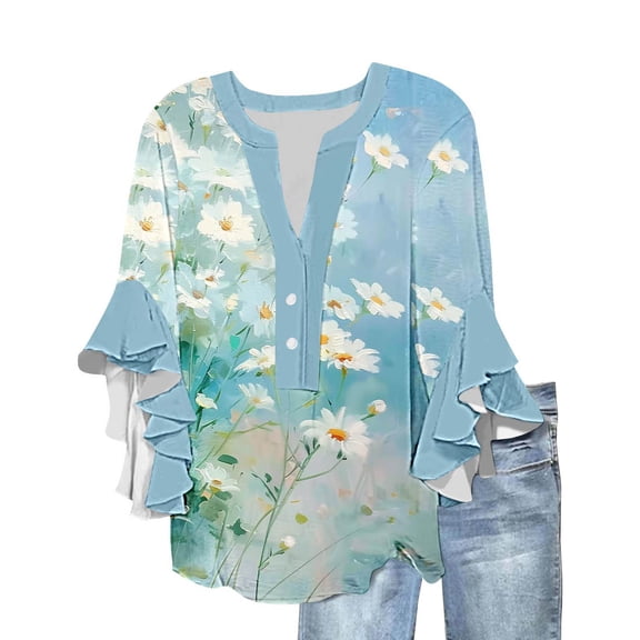 HomeGardon 3/4 Length Sleeve Womens Tops Summer Tops for Women 3/4 Lace Sleeve V-neck Button Casual Print Loose,S-XXL