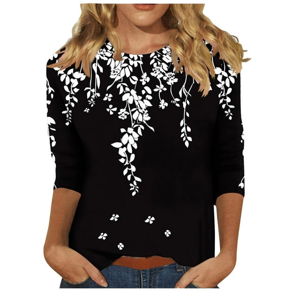 HomeGardon 3/4 Length Sleeve Womens Tops,Women's Tops Women's Casual Floral Print Round Neck Long Sleeve,S-XXXL