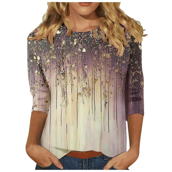 HomeGardon 3/4 Length Sleeve Womens Tops,Women's Tops Women's Casual Floral Print Round Neck Three Quarter Sleeved Long Sleeved T-Shirt Loose Top,S-XXXL