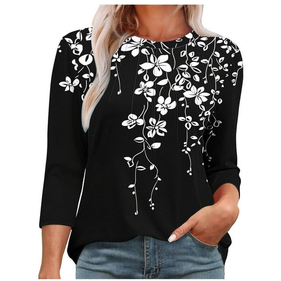 HomeGardon 3/4 Length Sleeve Womens Tops,Women's Tops Women's Round Neck Fashionable Casual Long Sleeved Top,S-XXXL