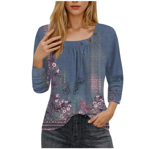 HomeGardon 3/4 Length Sleeve Womens Tops,Womens Shirts Fashion Spring Tops for Women Sleeved Blouse Printed T-shirt Casual Top,S-XXXL