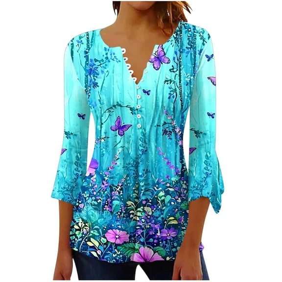 HomeGardon 3/4 Length Sleeve Womens Tops,Womens Shirts Women's Fashion Printed T-shirt Blouse V-Neck Casual,S-XXL